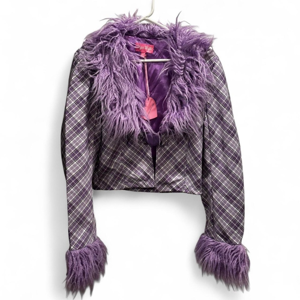 Purple Plaid  Jacket with Faux Fur Trim